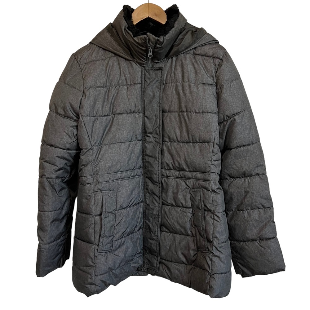 GAP Factory Holiday Mid Puffer Hooded Jacket in Silver Heather Women’s Large